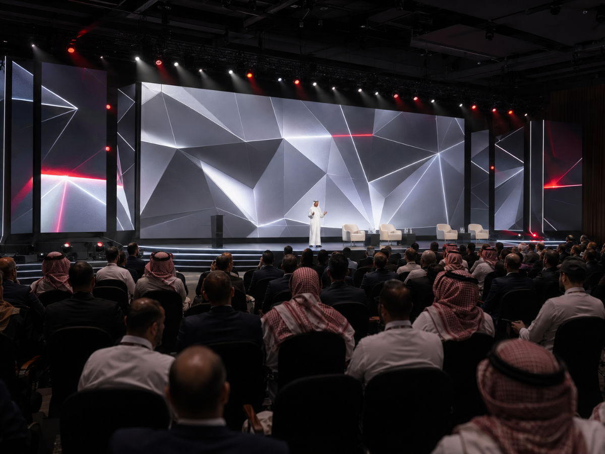 قاعة مؤتمر كبرى مع مسرح وشاشات عرض ضخمة